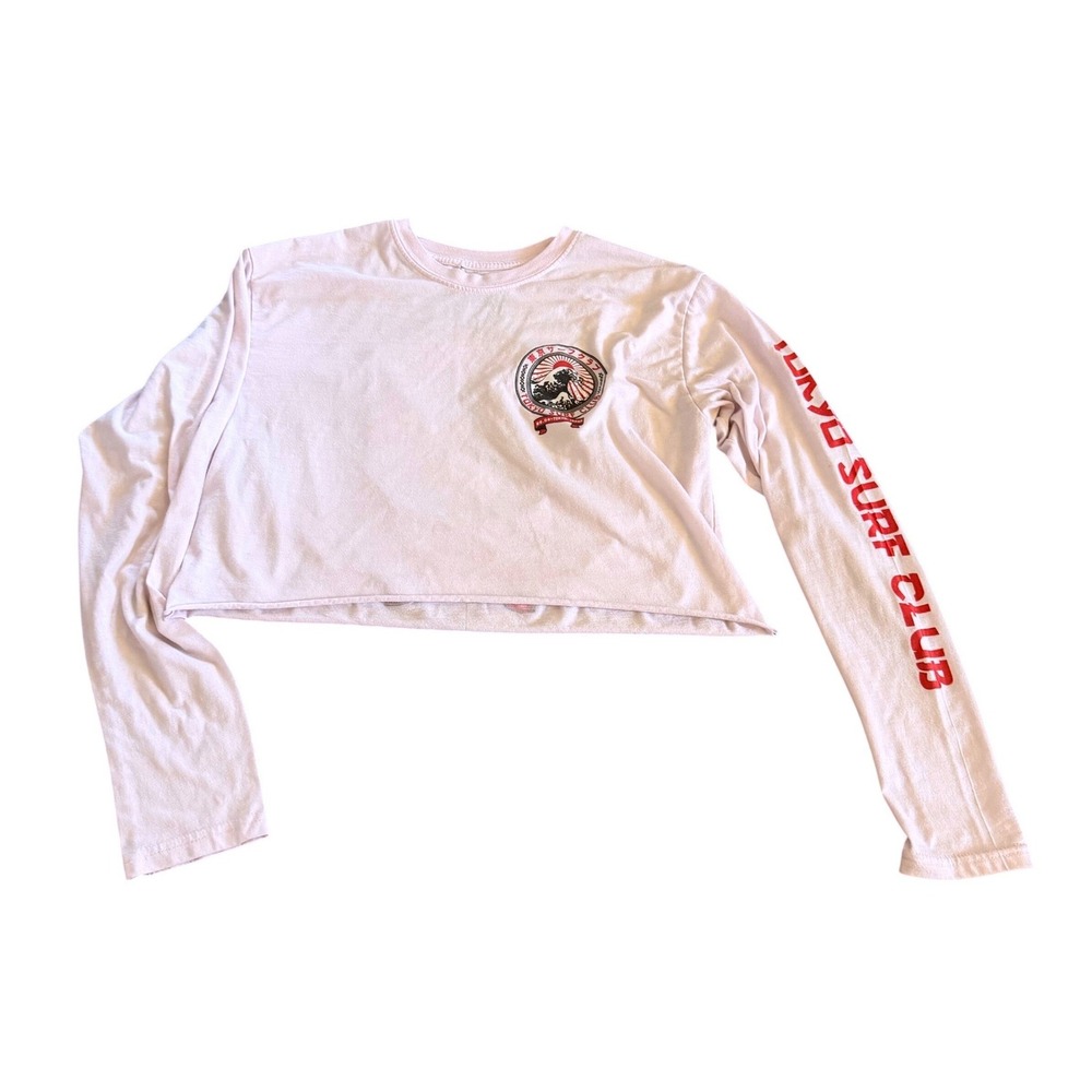 Fresh Laundry Women Tokyo Surf Club Graphic Crop Top L Light Pink Raw Hem Street
